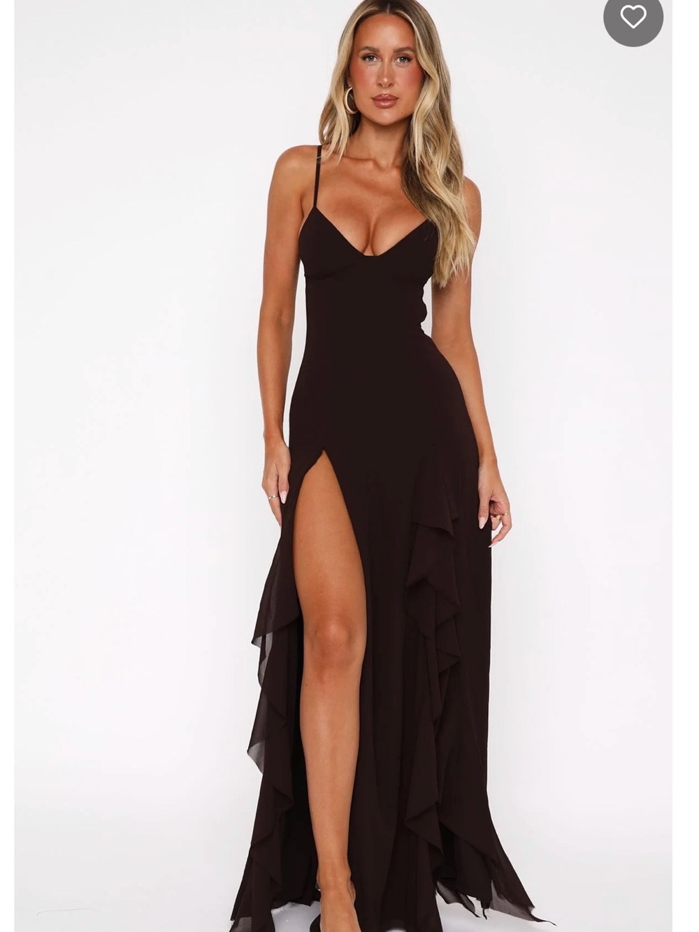 Elegant Spaghetti-Strap Brown Maxi Dress with High Slit